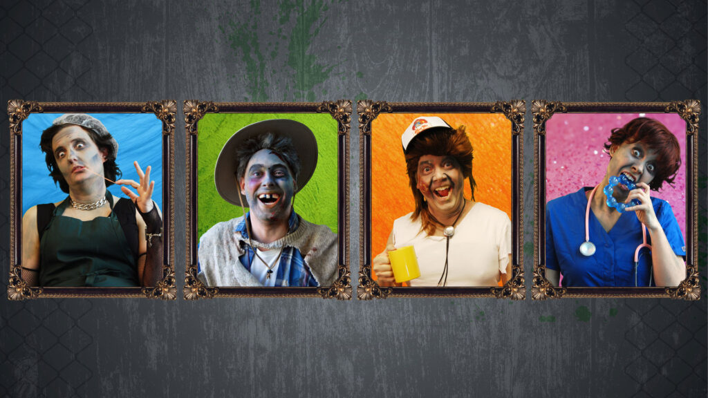 four zombies: a barista zombie, a farmer zombie, a trucker zombie, and a nurse zombie